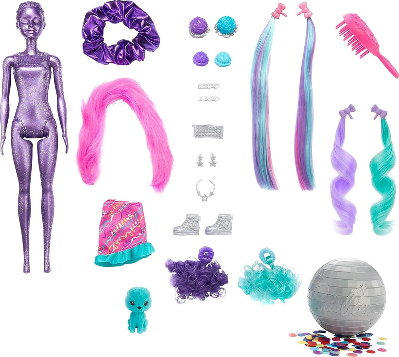 Barbie Color Reveal Doll, Glittery Purple with 25 Hairstyling &  Party-Themed Surprises Including 10 Plug-in Hair Pieces, Gift for Kids 3  Years Old & Up