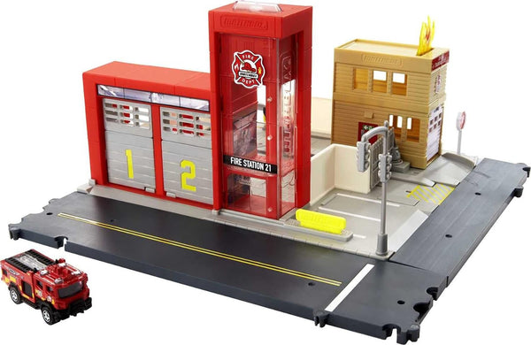 Matchbox Cars Playset, Action Drivers Fire Station Rescue & Toy Firetruck in 1:64 Scale, Lights & Sounds, Moving Parts