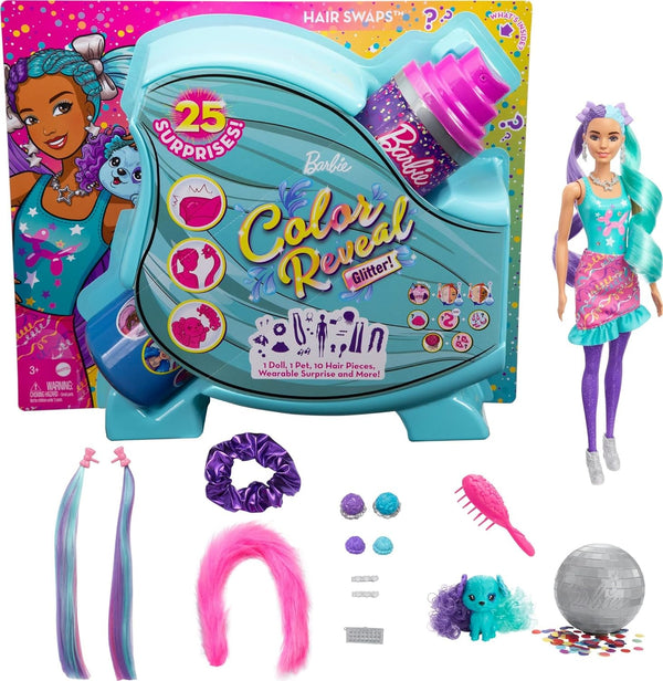 Barbie Color Reveal Doll, Glittery Purple with 25 Hairstyling & Party-Themed Surprises Including 10 Plug-in Hair Pieces, Gift for Kids 3 Years Old & Up