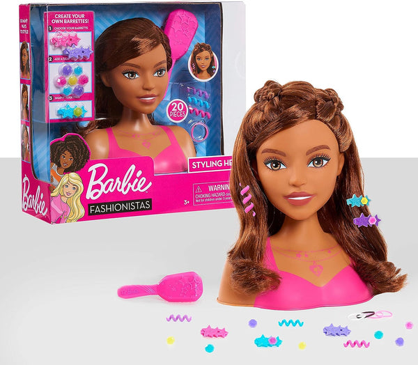 Barbie Fashionistas 8-Inch Styling Head, Brown Hair, 20 Pieces Include Styling Accessories, Hair Styling for Kids, Kids Toys for Ages 3 Up by Just Play